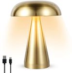 Mushroom Lamp Portable Cordless Table Lamp USB Rechargeable Mushroom Light Touch Control Night Light with 3 Color Dimming Decorative Metal Bedside Lamp for Bedroom Living Room (Gold)