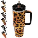 JOGO Stanley 40 oz Tumbler with Handle and Straw, Simple Travel Modern Cup, Simply Metal Reduce Double Wall Stainless Steel, Himalayan Yeti Mug,Insulated Water Bottle,Keeps Hot&Cold, x2 Lids (Leopard)