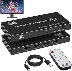 8K HDMI 2.1 Switch 3 in 1 Out, HDMI Switch Splitter 4K@120Hz/8K@60Hz with IR Remote, HDMI Switcher Selector for Xbox PS4 PC TV