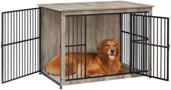 Feandrea Dog Crate Furniture, 43.3" Side End Table, Modern Kennel for Dogs Indoor up to 80 lb, Heavy-Duty Dog Cage with Enclosed Base, Double-Door Dog House, Heather Greige UPFC024G01