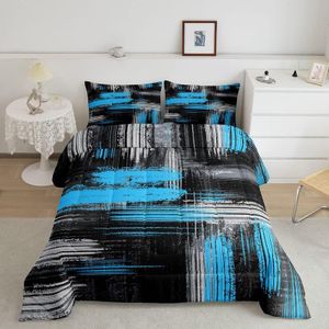 Feelyou Blue Black and Grey Comforter Geometric Artistic Smear Comforter Set Abstract Graffiti Art Bedding Set Contemporary Modern Brush Design Duvet Set Room Decor Quilt Set Queen Size