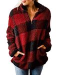 Women's Winter Long Sleeve 1/4 Zip Up Fleece Sweatshirt Plaid Fluffy Pullover