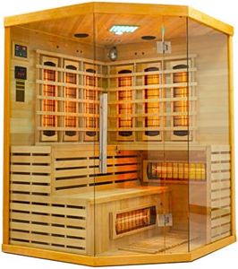 Elbe Infrarotkabine HYGGE für 3-5 Person aus Hemlockholz, 150x150x200 cm，8 Vollspektrumstrahler, 1 Carbonstrahler, Saunakabine mit Farblichtherapie, Ionisator und Audio System