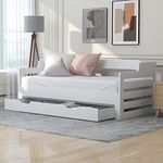 BTM Daybed with Drawer 3FT 90 x 190 cm Bed Frame with Trundle and Drawer, Guest Bed, Sofa Bed, for Living Room and Bedroom, White