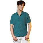 Campus Sutra Men's Teal Green Self-Design Creased Striped Shirt for Casual Wear | Spread Collar | Short Sleeve | Button Closure | Shirt Crafted with Comfort Fit for Casual Wear