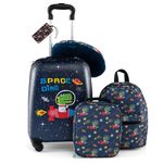 GYMAX 5Pcs Kids Luggage Set, 13" Backpack & 16" Children Hardshell Suitcase with Wheels, Neck Pillow, Insulated Lunch Bag & Name Tag, Toddler Carry On Luggage Set for Travel School (Dark Blue)