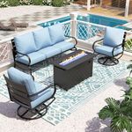 PHI VILLA 4 Piece Patio Furniture with Metal FirePit Table, 1 x 3-Seat Wide Deep Seating Bench & 2 x Swivel Sofa Chairs, 5.75" Thick Cushioned Outdoor Conversation Set for 5, Light Blue