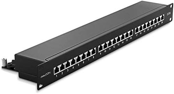 deleyCON CAT6a Patch Panel 24 Porte del Desktop 19" Pollici Montaggio Rack Assemblaggio del Server 24x RJ45 Schermato TIA568A TIA568B - Nero