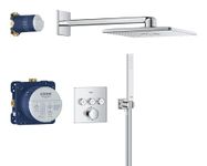 GROHE Precision SmartControl - Concealed Shower System with 3 Valves Thermostat (SmartActive 31cm Head Shower 2 Sprays, Cube Stick Hand Shower 1 Spray, Shower Hose 1.5m, Square Trim), Chrome, 34875000