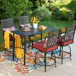 PHI VILLA Outdoor Bar Height Table and Chairs,Swivel Barstool with Red Cushion and Wider Seats,Rectangular Metal bar Table for All Weather,Patio Bar Set for Indoor,Garden,Yard