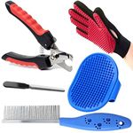 YOUHAVEDEAL Dog Grooming Kit - Dog Nail Cutter + Pet Bath Brush Grooming Comb with Adjustable Ring + Pet Single Steel Comb + Pet Grooming Glove for Dog, Puppy, Cat and Kitten - 4 in 1 Dog Combo