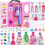 92PCS Doll Clothes and Accessories with Doll Closet for 11.5 Inch Doll - Fashion Design Doll Set Including Wedding Dress Fashion Dresses Outfits Tops and Pants Shoes Hangers Bags for Girls