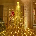 Waterfall Tree Lights, 2m/ 6.56ft x 9 Lines USB Christmas Tree Lights with Topper Star, 198 LEDs Waterproof Fairy Lights with 8 Lighting Modes for Indoor Outdoor Xmas Tree Garden Decor