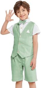 LOLANTA Boys Summer Suit Dress Clothes Kids Wedding Ring Bearer Outfit 4Pcs Shirt Vest Shorts Set(Sage Green,2)