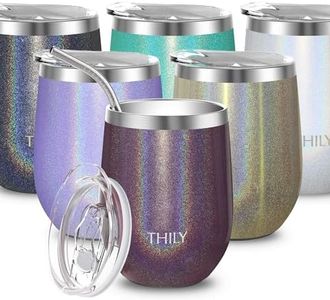 Stainless Steel Wine Tumbler Insulated - THILY T2 Stemless Portable Travel Wine Glass with Spill Proof Lid and Reusable Straw, 12 oz, Keep Cold & Hot for Coffee, Cocktails, Drinks, Glitter Red-Brown