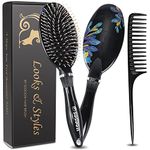 Hair Brush, Sosoon Boar Bristle Hair Brushes for Women Men Kids Thick Curly Dry Wet Hair, Smoothing Detangling Hairbrush Adds Shine and Improves Hair Texture with Hair Comb (Black)