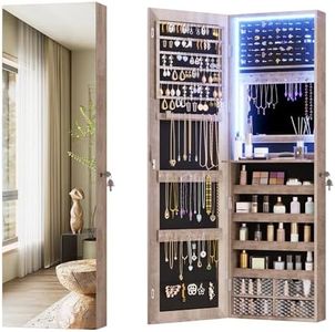 Vlsrka Mirror Jewelry Cabinet, Upgraded 3 LED Lights Wall/Door Mounted Jewelry Armoire Organizer, 47.2" Full Length Mirror with Storage, Built-in Lighted Mirror, 4 Drawers, 5 Shelves, Lockable, Wood