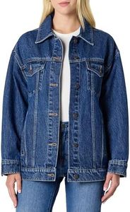 Amazon Essentials Women's Oversized-Fit Rigid Denim Trucker Jacket, Medium Blue Vintage, Large
