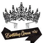 Velscrun Black Crystal Birthday Queen Tiara Crown for Women Girls Birthday Queen Headband Sash Elegant Princess Crown with Combs Hair Accessories Happy Birthday Party Decorations Mom Birthday Gift