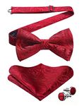 HISDERN Bow Tie Pre tied Red Paisley Bow Tie and Pocket Square Set with Cufflinks Bow Ties for Dress Shirts and Tuxedo Mens Handkerchief Formal Party Banquet