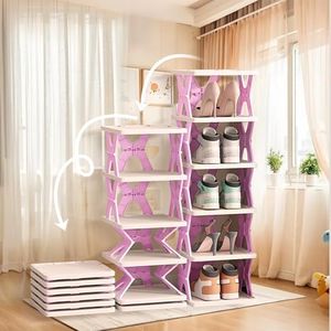RILUKICH 6 Tier Collapsible Kids Shoe Rack, Small Vertical Foldable Shoe Organizer for Front Door Entrance, Dorm, Bedroom, and Small Spaces (Pink-x)