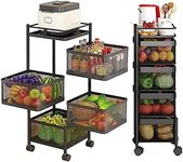 Kitchen Trolley Fruit Vegetable Organiser Holder Rotating Storage Basket Rack with Wheels Metal Rolling Utility Cart (4 Tier)