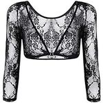 Zerototens New Plus Size Women Seamless Arm Shaper Short Cropped Support Navel Mesh Cardigan Lace Slimming Blouse Tops (L, Black)