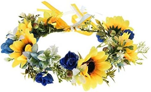 DDazzling Sunflower Flower Crown Eucalyptus Halo Pregnancy Bridal Headpiece Photo Prop (Sunflower Yellow Royal Blue)