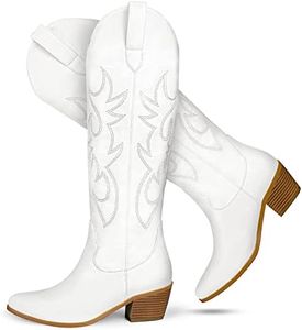 STALOV Cowboy Boots for Women,Western Pointed Toe Chunky Heel Pull-On Knee High Cowgirl Boots Fashion Embroidered Tall Boots, White, 11