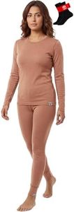 MERINNOVATION Merino Wool Base Layer Set for Women 100% Merino Wool Thermal Underwear Set Base Layer Top and Bottom Brown 250 L