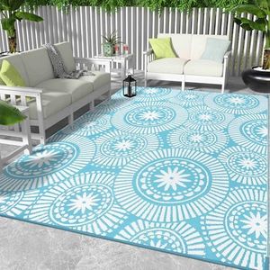 Ileading Large Plastic Outdoor Rug 9x12ft Modern Geometric Style Reversible Patio Area Rugs Waterproof Non Shedding Portable Carpets for Rv Outside Deck Pool Beach Picnic Camping (Teal)