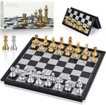 Magnetic Chess Set - 2 Extra Queens - Gold & Silver Folding Chess Board Game Set, Wood-Plastic Folding Board, Puzzle Board Game Beginner Chess Set for Kids and Adults