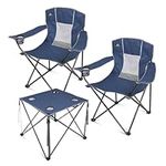 LANMOUNTAIN Oversized 3 Pcs Camping Chair Set with Table,Outdoor Large Folding Lawn Chairs,Lightweight Portable Camp Chair for Adults Hiking,Picnic,BBQ,Travel,Cup Holder,Carry Bag,Blue