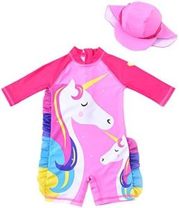 KIMJUN Baby Girl One Piece Swimsuit Sunsuit Long Sleeve Swimwear Rash Guard Toddler Kid Unicorn Bathing Suit Zip with Hat 1-7t, Pink, 5-6 Years