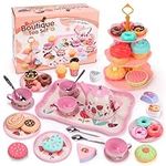 QIZEBABY Tea Party Set for Girls ,48 PCS Kids Tin Tea Set Including Teapots & Teacups & Dishes & Cookies & Dessert & Icecream , Pretend Play Kitchen Accessories for Toddler,Gift for 3 4 5 6 Years Old