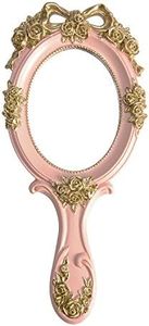 Nerien Handheld Mirror Vanity Makeup Mirror Travel Princess Metal Cosmetic Mirror Portable Oval Embossed Rose Mirrors Decorative Desk Girl Student Vintage Beautiful Handle Mirrors Pink-3