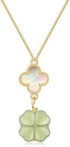 LOOYUUPEE Green Natural Jade Necklace, Four Leaf Clover Pendant for Women, Jade Jewelry for Women Lucky Gifts for Girls (925 Sterling Silver with Gold Plated)