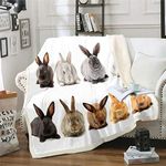 Girls Cute Rabbit Fleece Throw Blanket for Sofa Couch Daughter 3D Pet Animal Theme Sherpa Blanket Lovely Hare Plush Blanket Room Decor Rabbit Lover's Gift Warm Fuzzy Blanket Twin 60"x80"