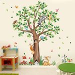 decalmile Woodland Animals Large Tree Wall Stickers Bear Fox Deer Wall Decals Baby Nursery Kids Bedroom Living Room Wall Decor