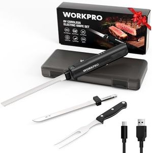 WORKPRO Electric Knife for Meat Slicing, Cordless Electric Carving Knife for Turkey, Fish & Bread, Two Stainless Steel Blades, Ergonomic Handle, Storage Case & Serving Fork Included, Black