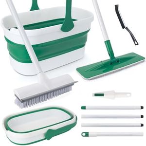 Mop and Bucket Set with Scrub Brush for Floor Cleaning, Flat Microfiber Mop and Foldable Bucket with Grout Brush and 52'' Long Handle Scrubber Broom for Shower, Bathroom, Deck, Patio, Garage