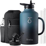 Trebo 64 oz Water Bottle Insulated with Handle, Half Gallon Stainless Steel Metal Large Jug, Travel Flask with Straw Spout Lid, Mug Tumbler Cup with Carry Pouch, Keep Cold Hot, Indigo Black