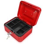 Navaris Lockable Cash Box - Metal Money Box Organiser with Lock for Cash, Coins, Notes, Cheques - Float Box with Removable Tray - Red