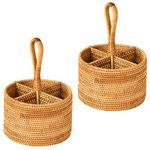 i-lan 2 Pack Rattan Large Round Cooking Utensil Caddy Holder with 4 Compartments,Handmade Flatware Organizer Silverware Caddy for Tabletop,Parties, Cooking Utensil Condiment Organizer