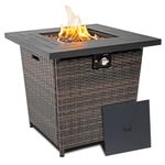 Senjoys 28'' Propane Fire Pit Table, 50,000 BTU Fire Table with Brown Wicker, Laval Rocks, Inclined Leg Design.