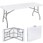 Vivo Technologies 6ft Trestle Table Indoor Outdoor Garden Catering Folding Table with Handle Plastic Picnic Garden Foldable Portable Plastic Table for Picnic Party Dinner Camping Hiking White