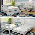 Panana Pull-out Double Bed Frame, 3FT Single Bed 2in1, Solid Wooden Folding Bed (White)