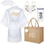 Handepo 5 Pcs Bridal Wedding Gifts Bridal Bridesmaids Robe Sets with Sleeping Eye Mask Slippers Party Tumbler Tote Gifts, White, One Size