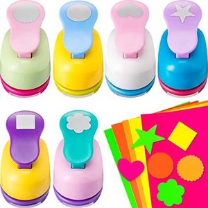 Craft Holes Punch 1 Inch Paper Punchers Scrapbook Punches with Craft Sticker Paper, Round, Star, Square, Heart, Flower, Wave Circle Shape (16 Pieces)