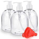 3Pcs 500ml/17oz Empty Refillable Plastic Pump Bottles, Reusable Large Capacity Transparent Soap Lotion Dispenser with Silicone Funnel & Labels for Shampoo Conditioner Liquids Shower Gel Hand Soap